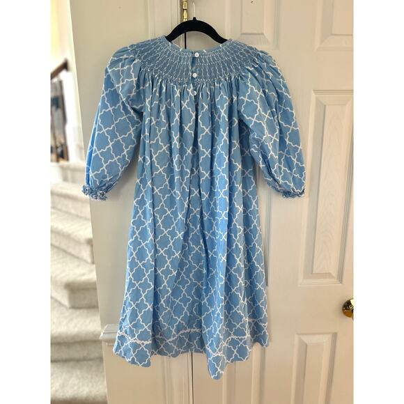 Girl's "Smocked PolkaDot" Blue Embroidered Snowflake Quatrefoil Print Dress - Picture 5 of 9